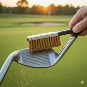 Golfer reinigt aktiv die Schlagfläche mit der golf schläger bürste 3 in 1 auf dem Golfplatz.