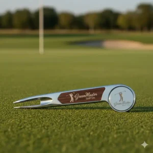 Personalisierte golf pitchgabel metall mit Firmenlogo-Gravur auf dem abnehmbaren Ballmarker.