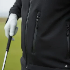 Reißverschluss und Taschen-Detail der winddichte golf jacke kaufen zur sicheren Aufbewahrung.