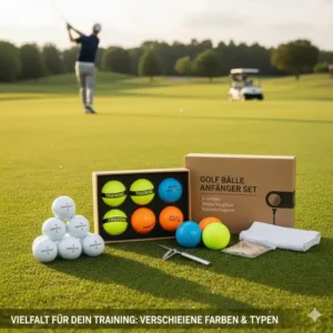 Verschiedene Farben und Typen von Golfbällen im Anfänger-Set.