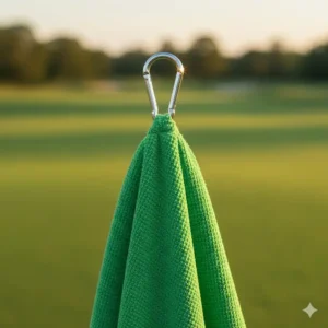 Grünes golf handtuch mit clip im Detail.