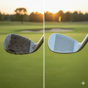 Vorher-Nachher-Vergleich einer Golfschlägerfläche, gereinigt mit der golf schläger bürste 3 in 1.