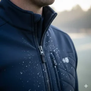 Detail des Kragens und Reißverschlusses: Winddichte und wasserabweisende Eigenschaften der winter golf jacke herren.