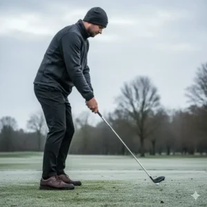 Golfer spielt im Frost: Die richtigen winter golf schuhe wasserdicht sind entscheidend für Komfort.
