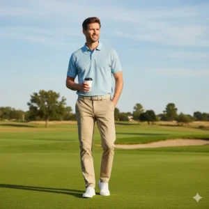 Eine beige bequeme golf hose herren im Chino-Stil, ideal für sportliche Eleganz.