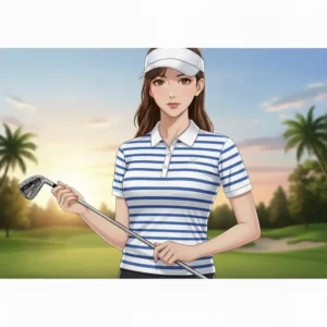 Golf Oberteile Damen modisch in Form eines kurzärmeligen Poloshirts mit feinen blau-weißen Streifen.