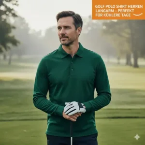 Model trägt ein Langarm-Golf Polo Shirt Herren Amazon für kälteres Golfwetter.