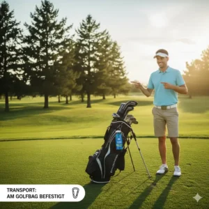 kühlendes handtuch golf in seinem behälter, befestigt mit einem karabinerhaken am golf-bag