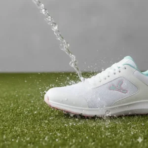 Zeigt die wasserdichte Technologie der leichte Golf Schuhe Damen bei feuchtem Gras.