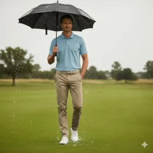 Golfer trägt eine bequeme golf hose herren, die auch bei windigem oder nassem Wetter schützt.