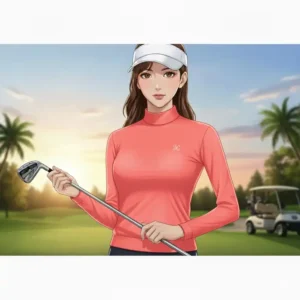 Golf Oberteile Damen modisch und hochwertig mit Stehkragen in einer kräftigen Modefarbe wie Koralle.