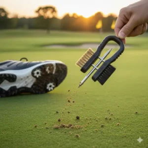 Die spitze Seite der golf schläger bürste 3 in 1 wird verwendet, um Golfschuh-Spikes zu reinigen.