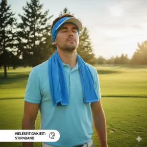 Golfer bindet das kühlendes handtuch golf feucht um die stirn, um sich während eines intensiven trainings abzukühlen