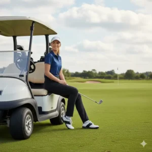 Stilvolle Golferin entspannt auf dem Grün mit ihrer stretch golf hose damen.