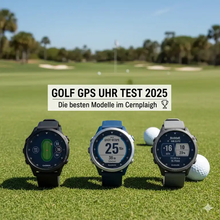 Beste Golf GPS Uhr Test 2025: Vergleich von Top-Modellen wie Garmin S70, Shot Scope V5 und Bushnell ION Elite, auf einem Golfplatz.
