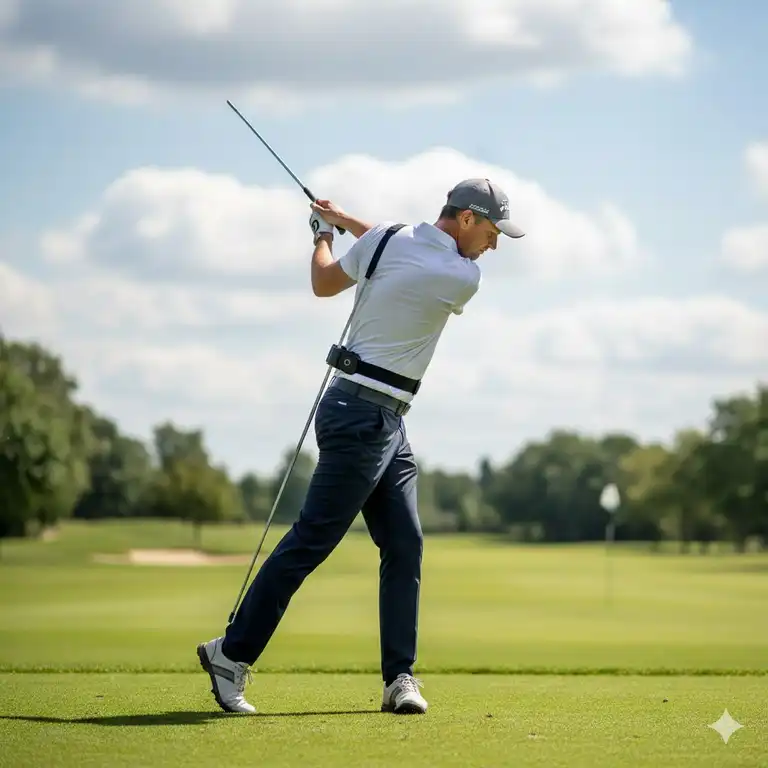 Featured Image eines Golfers, der den golf schwung trainer geradehaltung verwendet, um während des Rückschwungs den geraden Rücken zu bewahren.