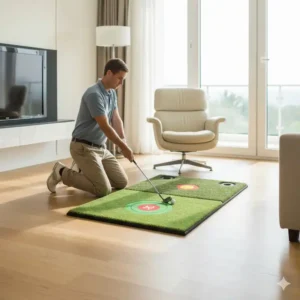 Übung mit der Golf-Chipping-Matte Indoor Outdoor in einer gemütlichen Indoor-Umgebung.