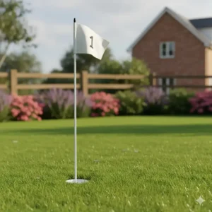 Nahaufnahme der weißen golf flagge loch set Fahne im garten.