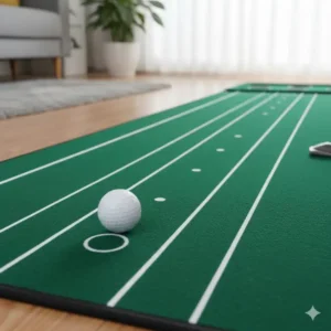 Detailaufnahme der Golf Putting Matte mit Linien – Fokus auf Ausrichtungshilfen.