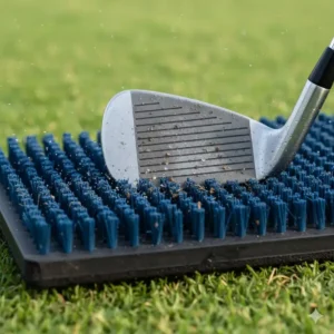 Nahaufnahme der Borsten der golf schläger reinigungsmatte, um Schmutz aus den Grooves zu entfernen.