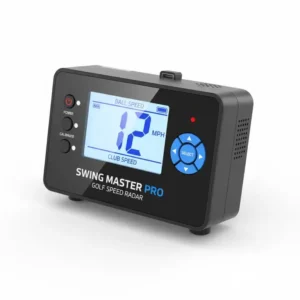 Hochauflösende Ansicht des Geräts, das alle Tasten und das Display mit der gemessenen Geschwindigkeit zeigt, wenn man Golf Swing Speed Radar kaufen.