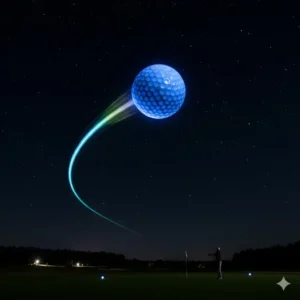 Ein im Flug befindlicher, hell strahlender Ball beim leuchtende golfbälle nachtspiel auf dem Fairway.