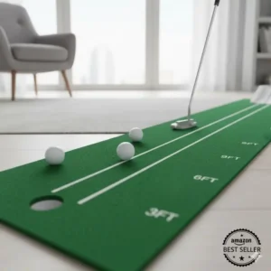 Nahaufnahme der hochwertigen Übungsmatte des mini golf putting set amazon mit Markierungen.