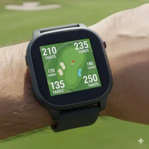 Die golf smartwatch mit herzfrequenz zeigt präzise GPS-Entfernungen zum Grün und Bunker an, nützlich für Spieler.