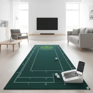 Die elektrische golf putting matte in einem Wohnzimmer aufgerollt für das Indoor-Training.