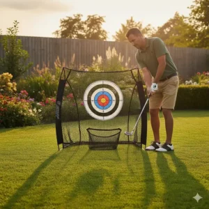 Golfer beim Chippen ins golf chipping netz garten.