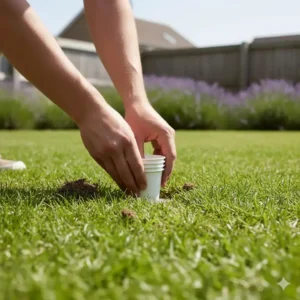 Der robuste golf flagge loch set Becher wird in den garten Boden eingesetzt.