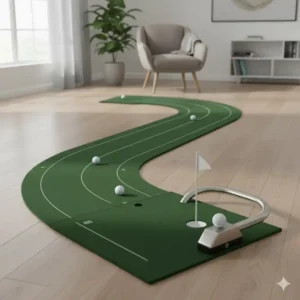 Seitenansicht des automatischen Ballrücklaufsystems der golf putting matte gebogen.