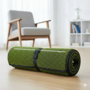Gerollte und gesicherte Golf Putting Matte Indoor für einfache Lagerung und Transport.