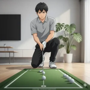 Nahaufnahme eines Golfers, der eine tragbare Golf Schwung Trainer Indoor Putting-Matte benutzt.