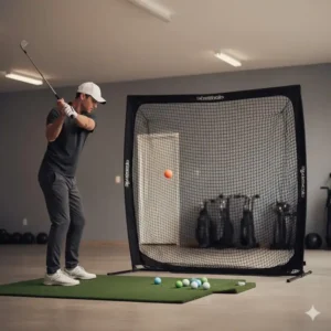 Golfer schlägt weiche Golfbälle in ein Trainingsnetz im Innenbereich für das Indoor Training.