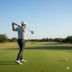 Golfer beim Schwung auf dem Golfplatz; der Sensor am Schläger erfasst die Daten.