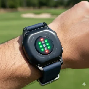Optischer Sensor der golf smartwatch mit herzfrequenz auf der Rückseite misst kontinuierlich die Herzfrequenz am Handgelenk.
