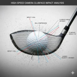 Nahaufnahme des Ballkontakts, aufgenommen mit einer Golfschwung Kamera Hochgeschwindigkeit, zur Messung des Clubface-Winkels.