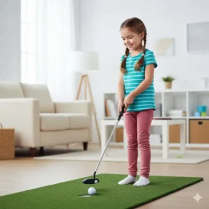 Glückliches Kind benutzt einen höhenverstellbaren mini golf putter indoor, ideal für Spiele zu Hause.