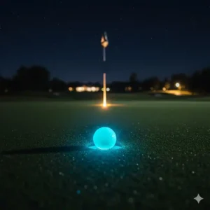Nahaufnahme eines leuchtende golfbälle nachtspiel kurz vor dem Loch auf dem Putting Green.