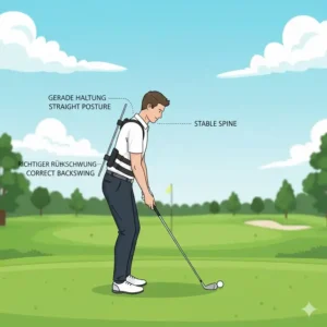 Darstellung des Rückschwungs unter Beibehaltung der geradehaltung mithilfe des golf schwung trainer geradehaltung, um vorzeitiges Aufrichten zu verhindern.