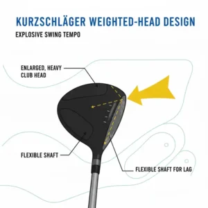 Diagramm, das den gewichteten Kopf und den flexiblen Schaft des kurzschläger swing trainer golf hervorhebt.