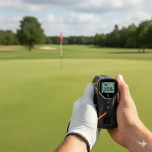 Detailaufnahme: Der kompakte golf laser entfernungsmesser amazon liegt gut in der Hand des Spielers.