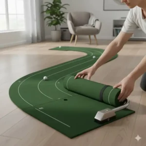 Einfaches Zusammenrollen der golf putting matte gebogen zur platzsparenden Lagerung.