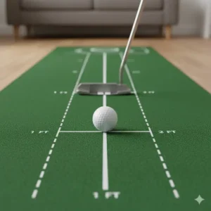 Nahaufnahme der Ausrichtungshilfen und Distanzmarkierungen auf einer Golf Putting Matte Indoor.