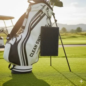 Praktische Befestigung der golf schläger reinigungsmatte am Golfbag, immer griffbereit.
