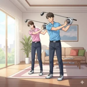 Golfer nutzen einen Smart Ball Golf Schwung Trainer Indoor zur Verbesserung der Arm-Körper-Verbindung.