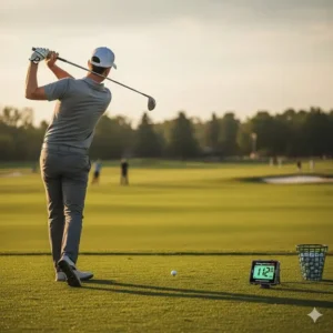 Golfer beim Training auf der Driving Range, der seine Geschwindigkeit mit Golf Swing Speed Radar kaufen misst, um die Leistung zu optimieren.