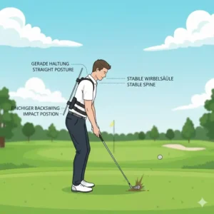 Die richtige Treffmomentposition (Impact), erreicht durch den golf schwung trainer geradehaltung, mit Betonung auf eine stabile, gerade Wirbelsäule.