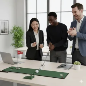 Kollegen spielen und haben Spaß mit dem mini golf set büro kaufen als Teambuilding-Aktivität.